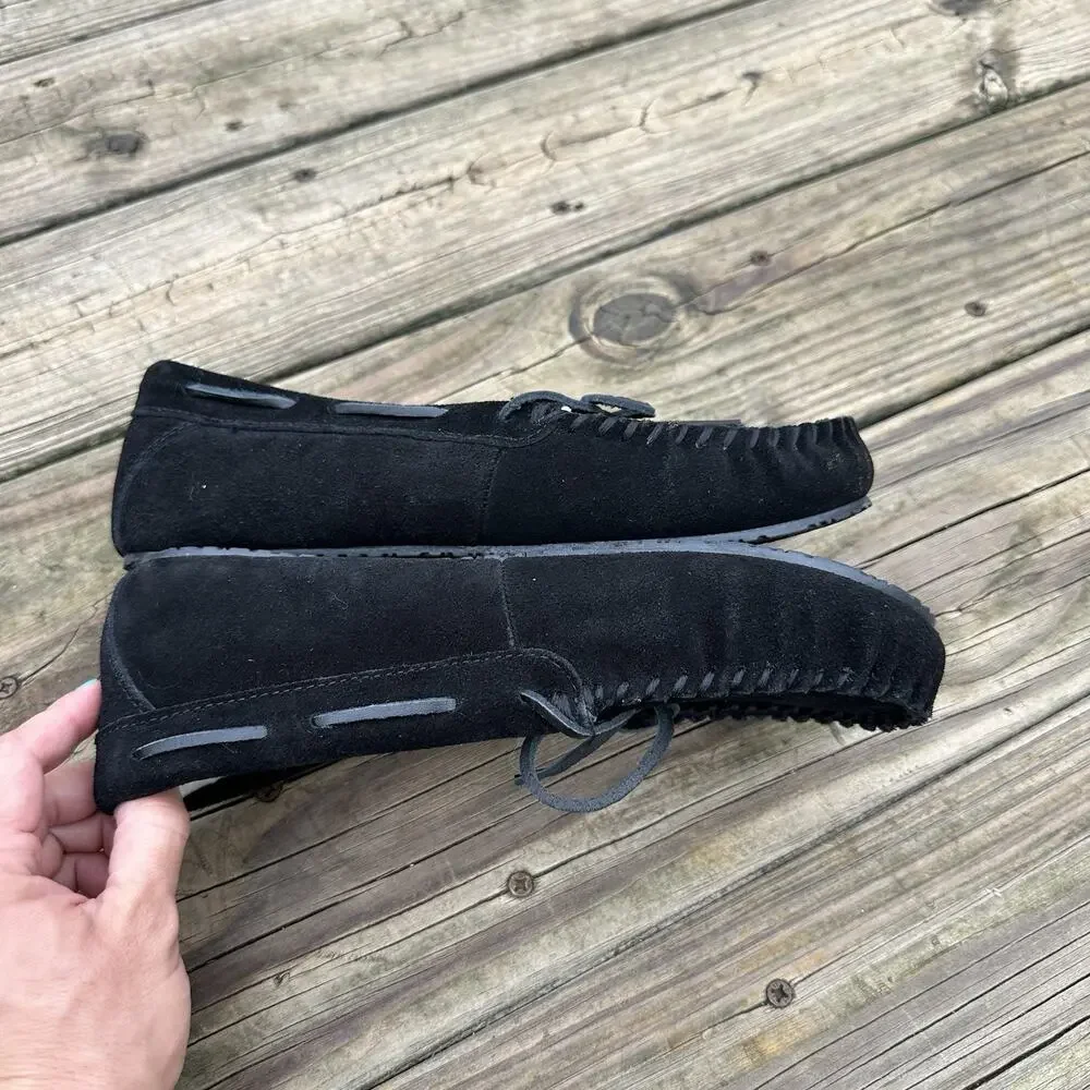 Minnetonka Moccasins Womens Size 9 Black Suede Faux Fur Fuzzy Slip On Loafers